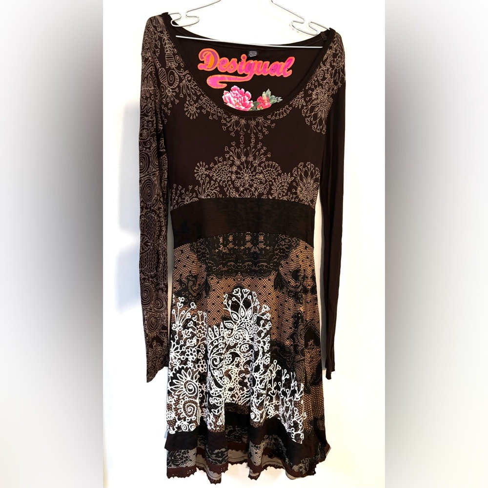 Desigual Guero Brown Long Sleeve Dress w/ Patterns Y2K Style - Picture 9 of 9